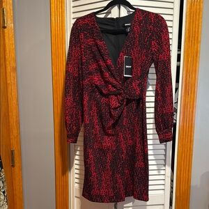 DKNY Red and Black V-Neck Wrap Dress with Long Bishop Sleeves